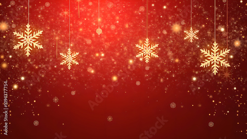 Golden snowflakes hanging against a red background with falling snowflakes and bokeh lights