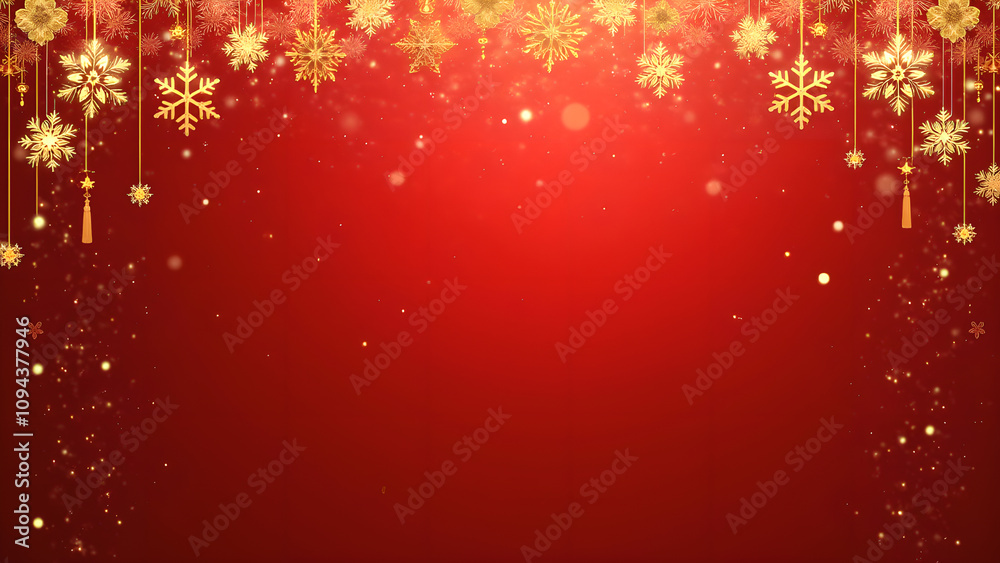 Red and Gold Christmas Background with Snowflakes and Festive Decorations Red and Gold Christmas Background with Snowflakes and Festive Decorations