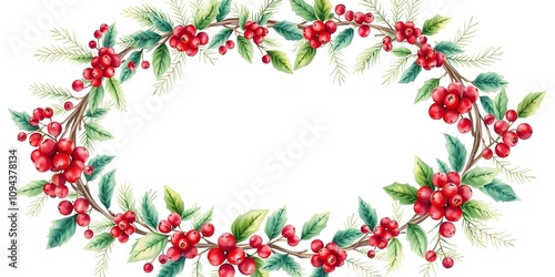 Delicate watercolor Christmas wreath made of intertwined evergreen branches and holly surrounded by clusters of juicy red berries, watercolor wreath christmas, christmas wreath design