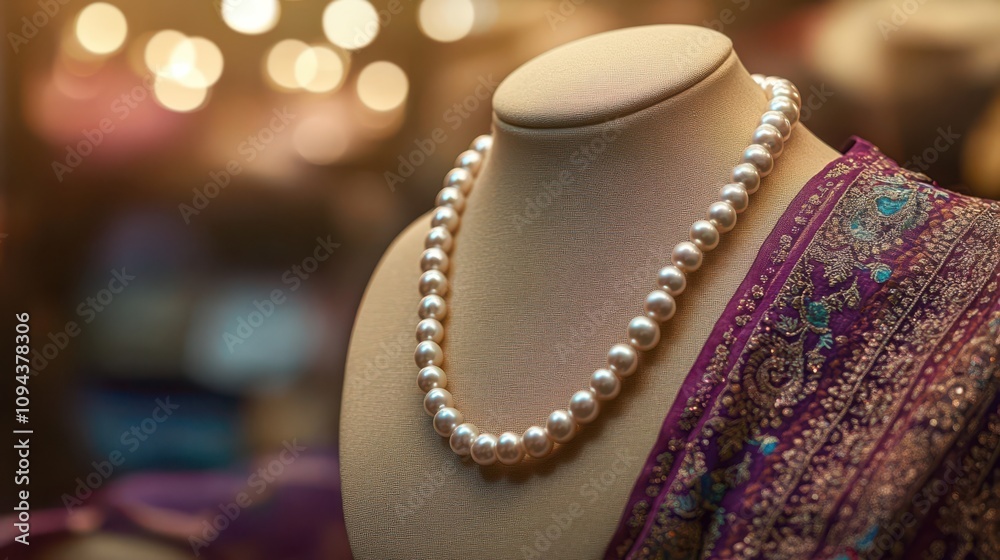 Elegant pearl necklace on a beige mannequin in an Indian jewelry store with golden lighting Elegant pearl necklace on a beige mannequin in an Indian jewelry store with golden lighting