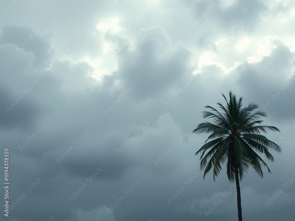 Fototapeta premium Dense cloud cover with a lone palm tree in the foreground, rugged landscape, isolated object