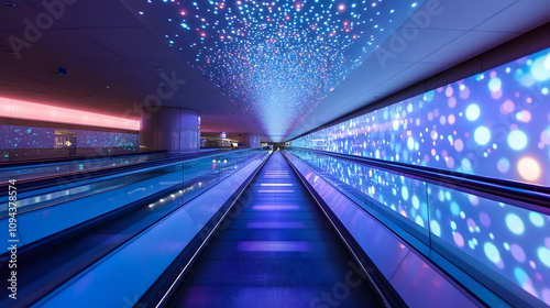 An LED projection tunnel at an airport creating an immersive futuristic travel experience.