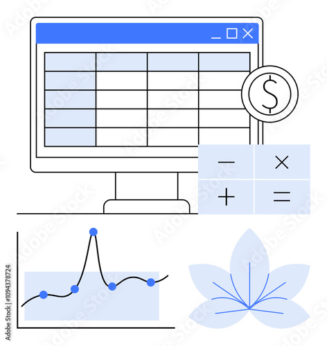 Monitor displaying spreadsheet next to symbols of financial analysis, graph representation, and floral design. Ideal for finance, data visualization, technology, business, analysis, economy