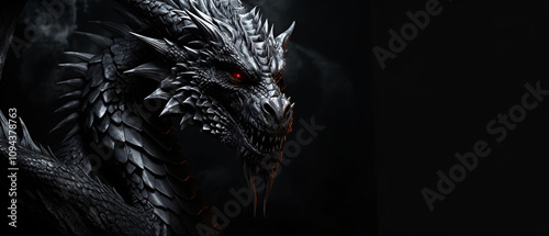 A black and grey image of a dragon with intricate details, set against a dark background.

