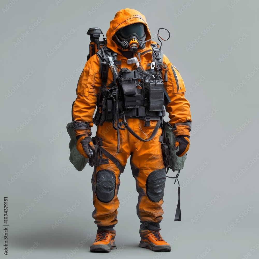 Orange hazmat suit, backpack, respirator. Orange hazmat suit, backpack, respirator.