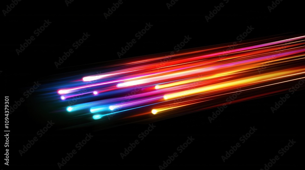 A vibrant display of colorful light streaks on a black background, suggesting motion.
