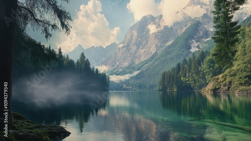 Fototapeta Naklejka Na Ścianę i Meble -  A peaceful mountain lake surrounded
