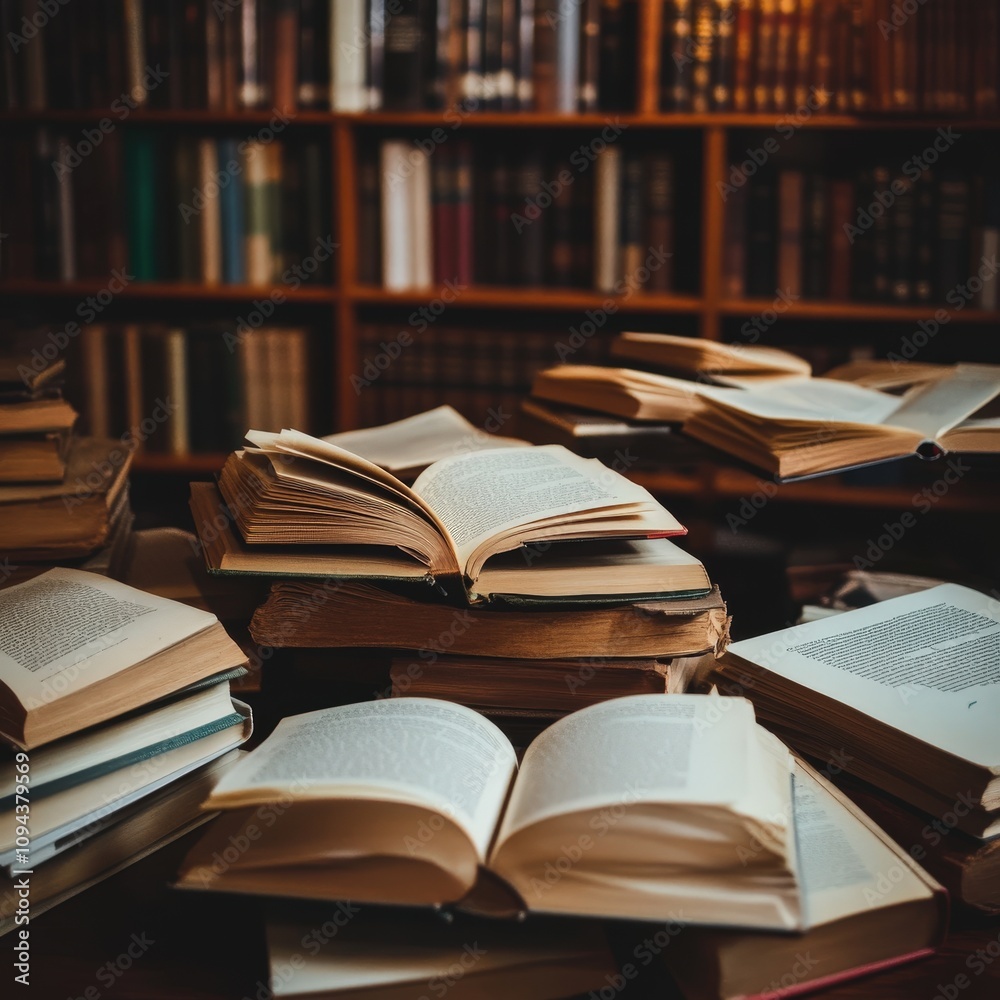 Fototapeta premium An Artistic Arrangement of Open Books on a Wooden Table Surrounded by Stacks of Books in a Cozy Library Setting with Soft Lighting