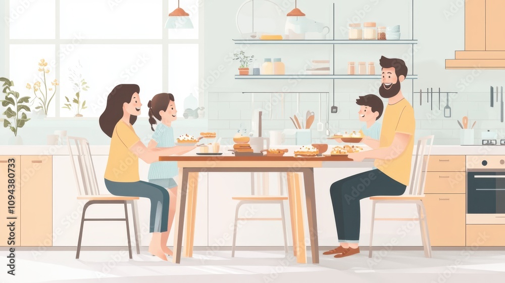 A candid moment of a father serving food to his children at a family dinner with natural light streaming in
A candid moment of a father serving food to his children at a family dinner with natural light streaming in