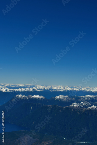 panorama view from Osorno Vulcan to Puntiagudo peak winter snow clear sky ski