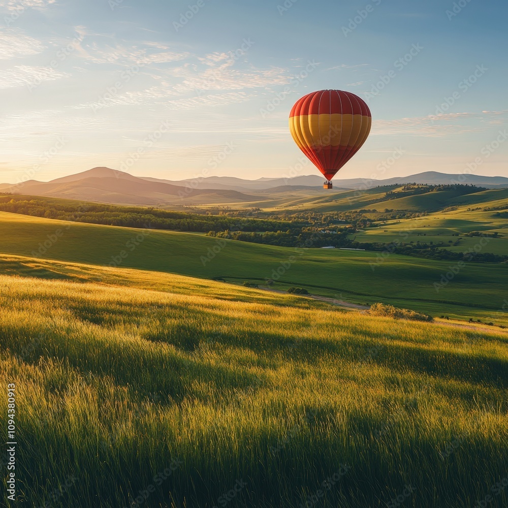 Obraz premium Colorful Hot Air Balloon Floating Over Scenic Rolling Hills at Sunset with Vibrant Skies and Lush Greenery in Serene Landscape