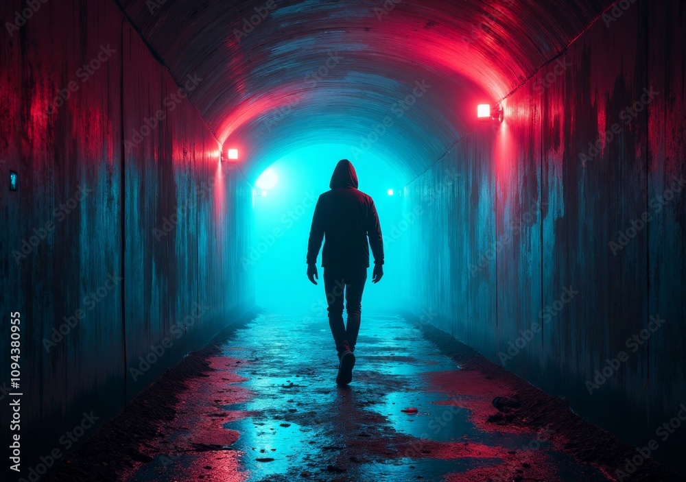 Mysterious figure walking through a dark, illuminated tunnel Mysterious figure walking through a dark, illuminated tunnel