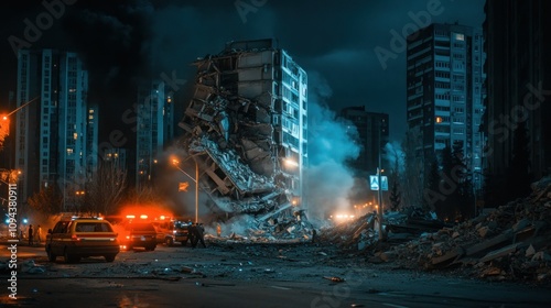 A city at night during an earthquake, lit by flickering street lights and emergency vehicle sirens background wallpaper AI generated image