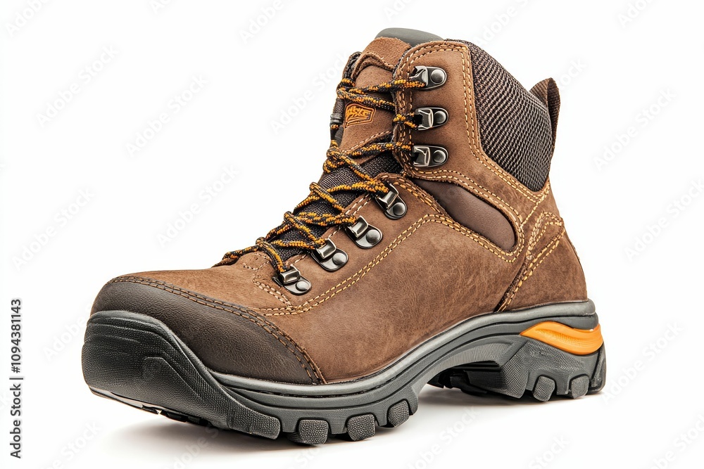 Brown leather hiking boot, orange accents. Brown leather hiking boot, orange accents.
