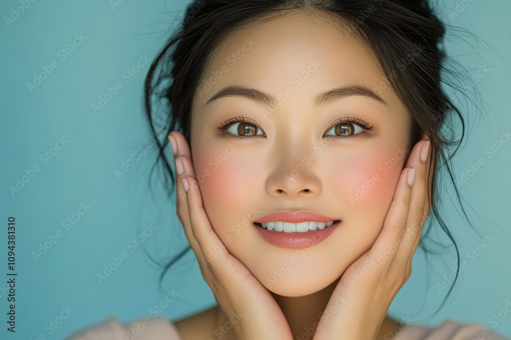 Naklejka premium Closeup portrait of beautiful Asian girl model with light makeup, glowing hydrated skin touching her face on blue background. Skincare cosmetics, cosmetology concept, face skin care beauty. 