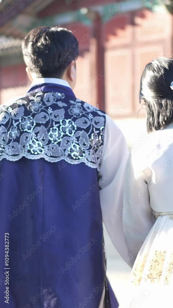 A Korean couple, a man in his 30s and a woman in her 20s, walk harmoniously through a park with historical buildings wearing Hanbok from Seoul, South Korea. A Korean couple, a man in his 30s and a woman in her 20s, walk harmoniously through a park with historical buildings wearing Hanbok from Seoul, South Korea.