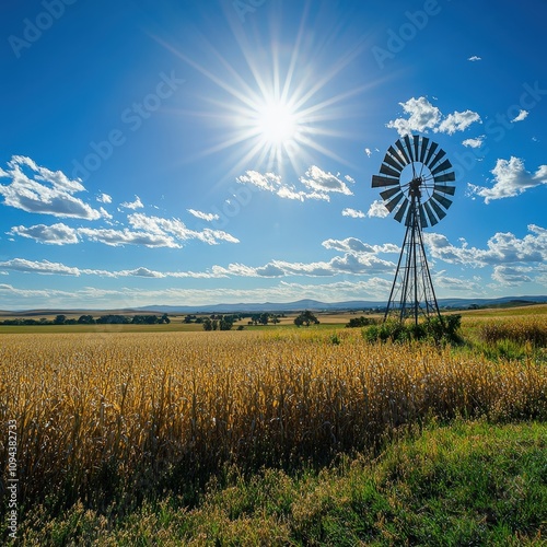 Scenic countryside landscape featuring a vintage windmill under a bright sun with blue sky, fluffy clouds, and golden field of crops in the background during the daytime.