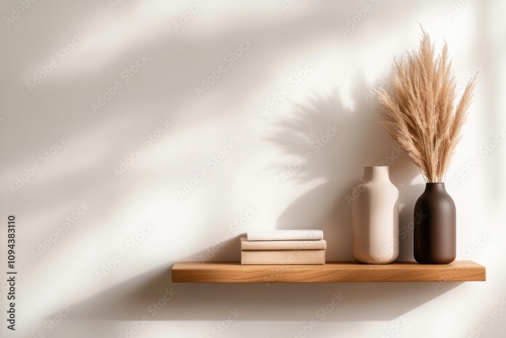 Sunlight casting shadows on minimalist decor on wooden shelf Sunlight casting shadows on minimalist decor on wooden shelf