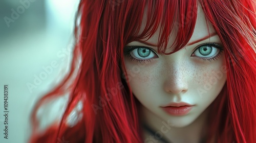 The young girl character with long red hair looks elegantly beautiful face model background wallpaper AI generated image