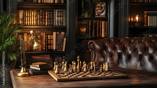 A chess puzzle setup in a cozy study with dim lighting and vintage wooden pieces. photo