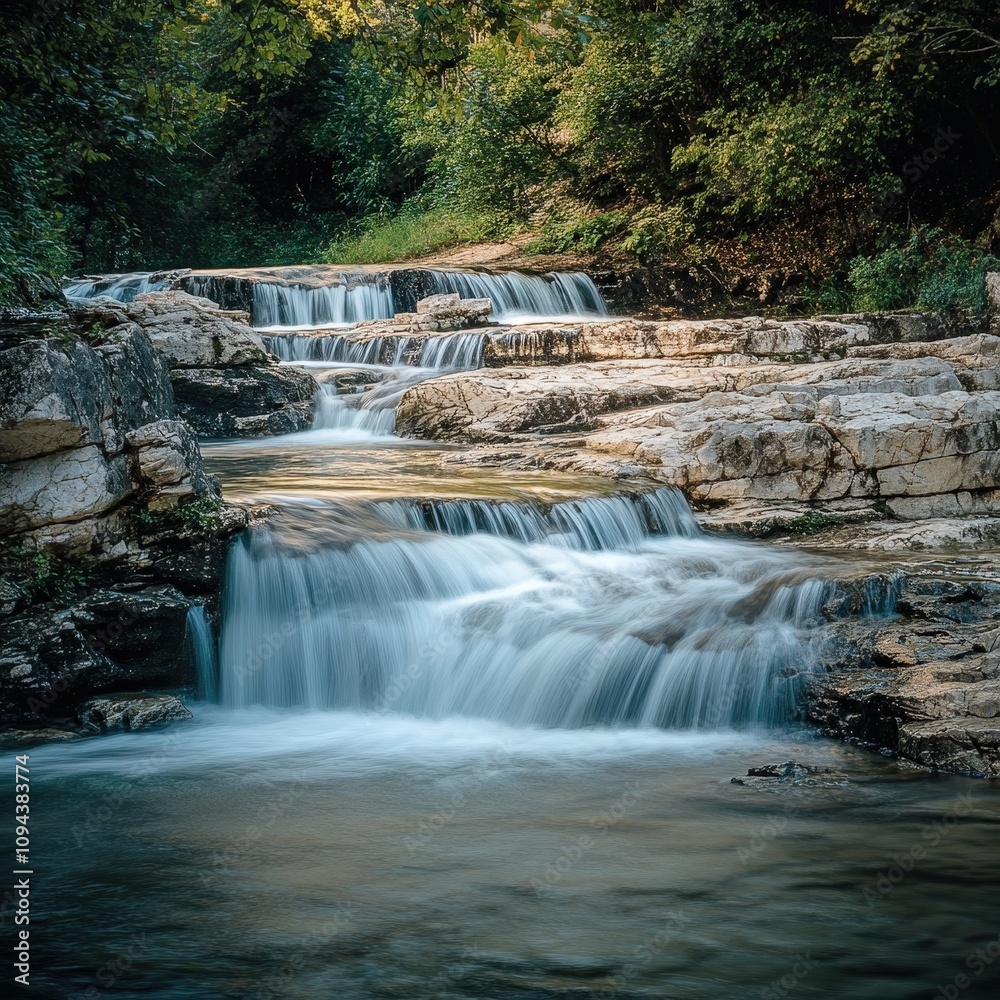 Obraz premium Serene Waterfall Cascading Over Rocky Terrain Surrounded by Lush Greenery in a Peaceful Natural Landscape