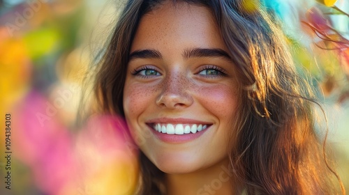 Portrait of an attractive woman displaying a sparkling smile, radiating joy and positivity in a vibrant setting. The captivating smile adds charm to the portrait, inviting connection.