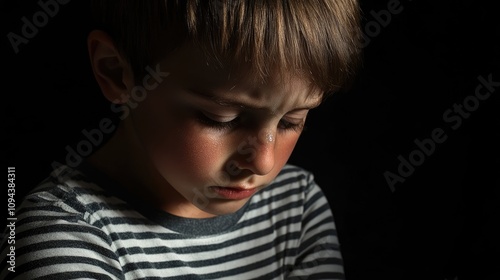 A child in shadow conveys sadness and tears, wearing a striped shirt, lost in thought. This emotional moment captures the childs feelings, with ample space for text.