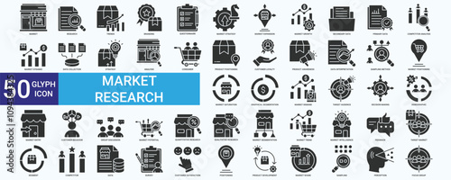 Market Research icon set with branding, data, analysis, consumer, product trend, segment, target and competitor