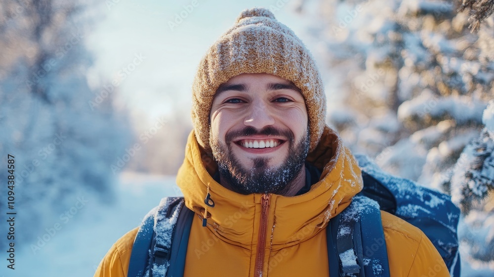 Cheerful male tourist in winter clothing smiles at the camera, capturing the essence of joy and adventure in a winter setting, with ample space for text or design elements. Cheerful male tourist in winter clothing smiles at the camera, capturing the essence of joy and adventure in a winter setting, with ample space for text or design elements.