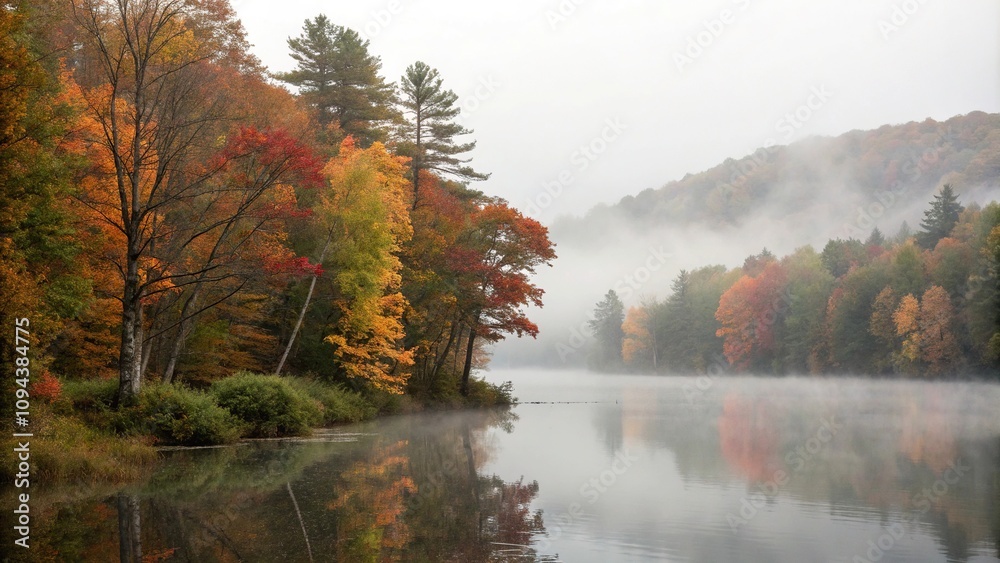 Foggy lake with misty autumn trees surrounding it, serene, soft light Foggy lake with misty autumn trees surrounding it, serene, soft light