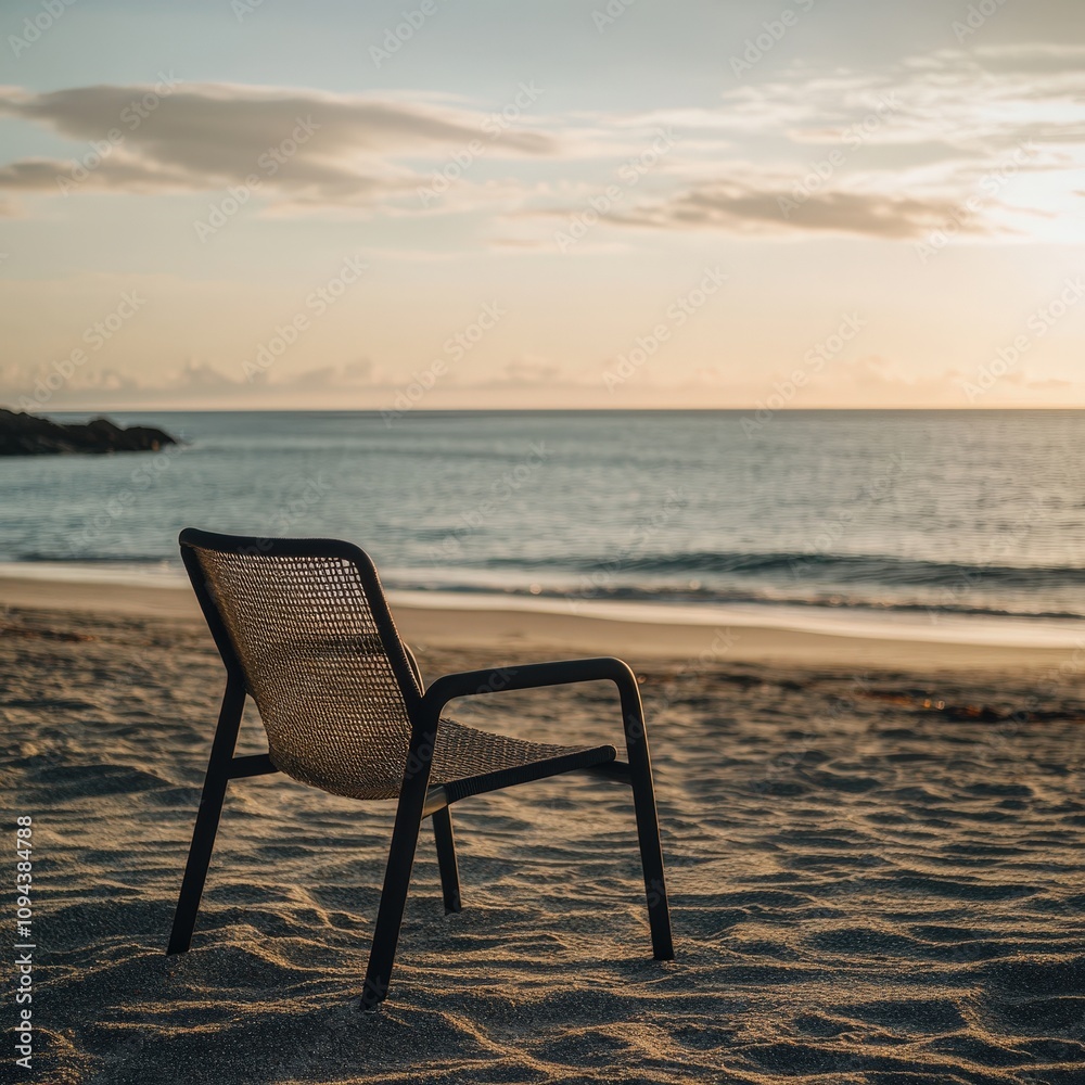 Tranquil Beach Scene with a Single Chair Overlooking the Calm Waters During Sunset, Ideal for Relaxation and Leisure Themed Imagery Tranquil Beach Scene with a Single Chair Overlooking the Calm Waters During Sunset, Ideal for Relaxation and Leisure Themed Imagery