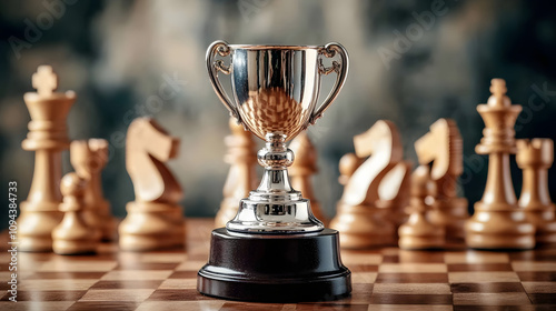 A chess tournament trophy on a polished podium surrounded by a gleaming chess set.