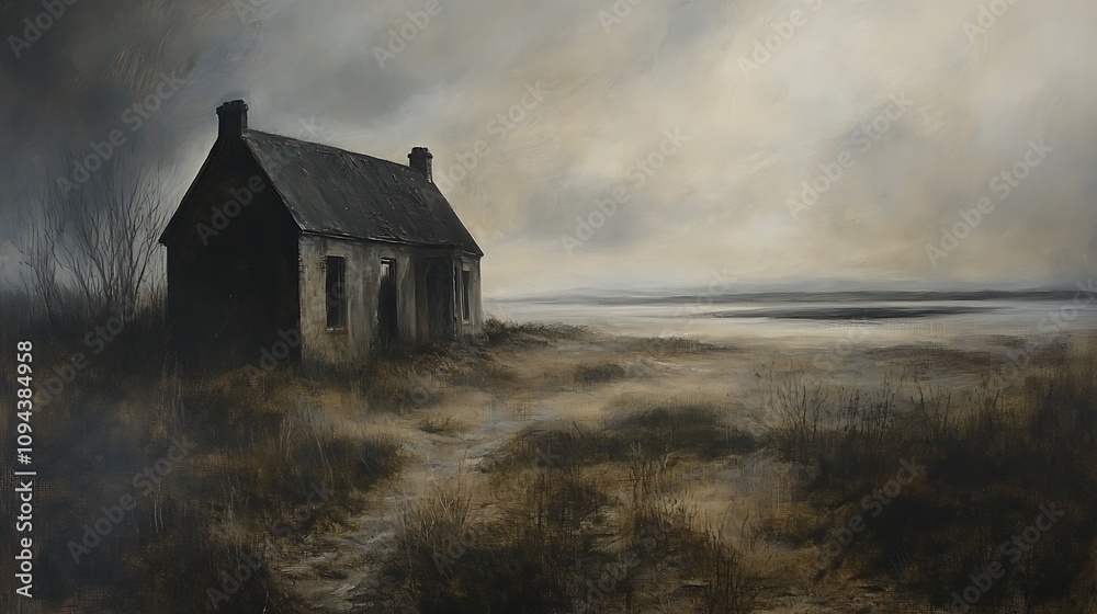 Abandoned house in a foggy landscape nature scene mysterious atmosphere Abandoned house in a foggy landscape nature scene mysterious atmosphere
