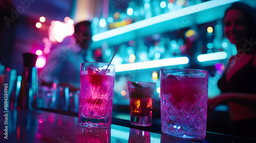 A chic bar hosting a New Years Eve party with cocktails glowing under neon lights and bartenders smiling. photo
