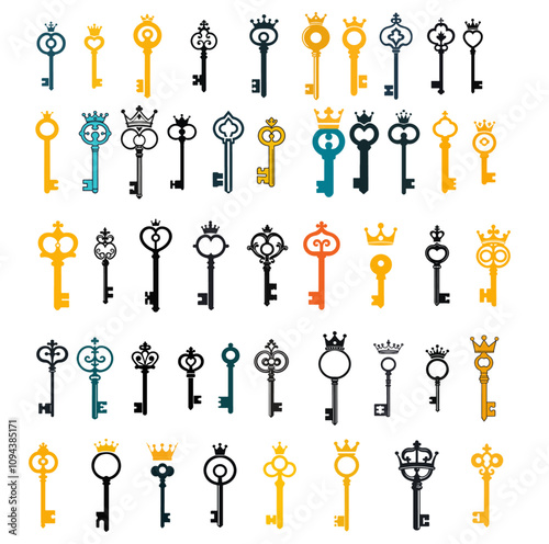 set of keys, set of keys with crown, set of different keys, yellow keys, blue keys, black keys, shapes of keys, silhouettes of keys, lover keys, love keys, cute keys, designs of keys, king keys