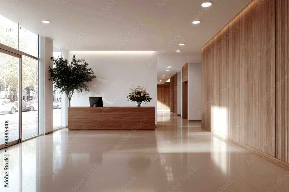 Modern office lobby interior with reception desk and wood paneling