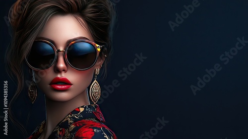 A stylish young woman with long hair and bold red lips, wearing oversized sunglasses and statement earrings against a dark background.