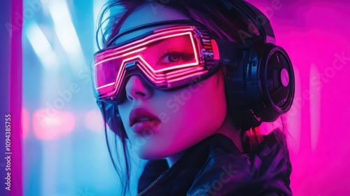 Anime style Girl face Cyborg cosplay in cyberpunk Synthwave technology background wallpaper AI generated image photo