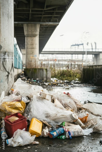 Plastic waste piles under bridge.