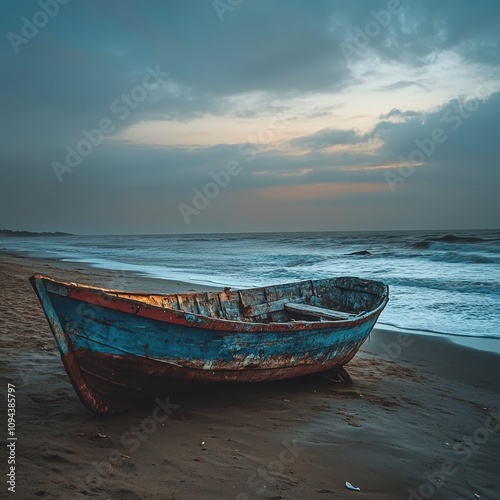 Weathered Blue Boat on Shoreline at Dusk with Moody Sky and Gentle Waves, Symbolizing Tranquility and Nature's Beauty, Relaxation and Adventure in Coastal Environment