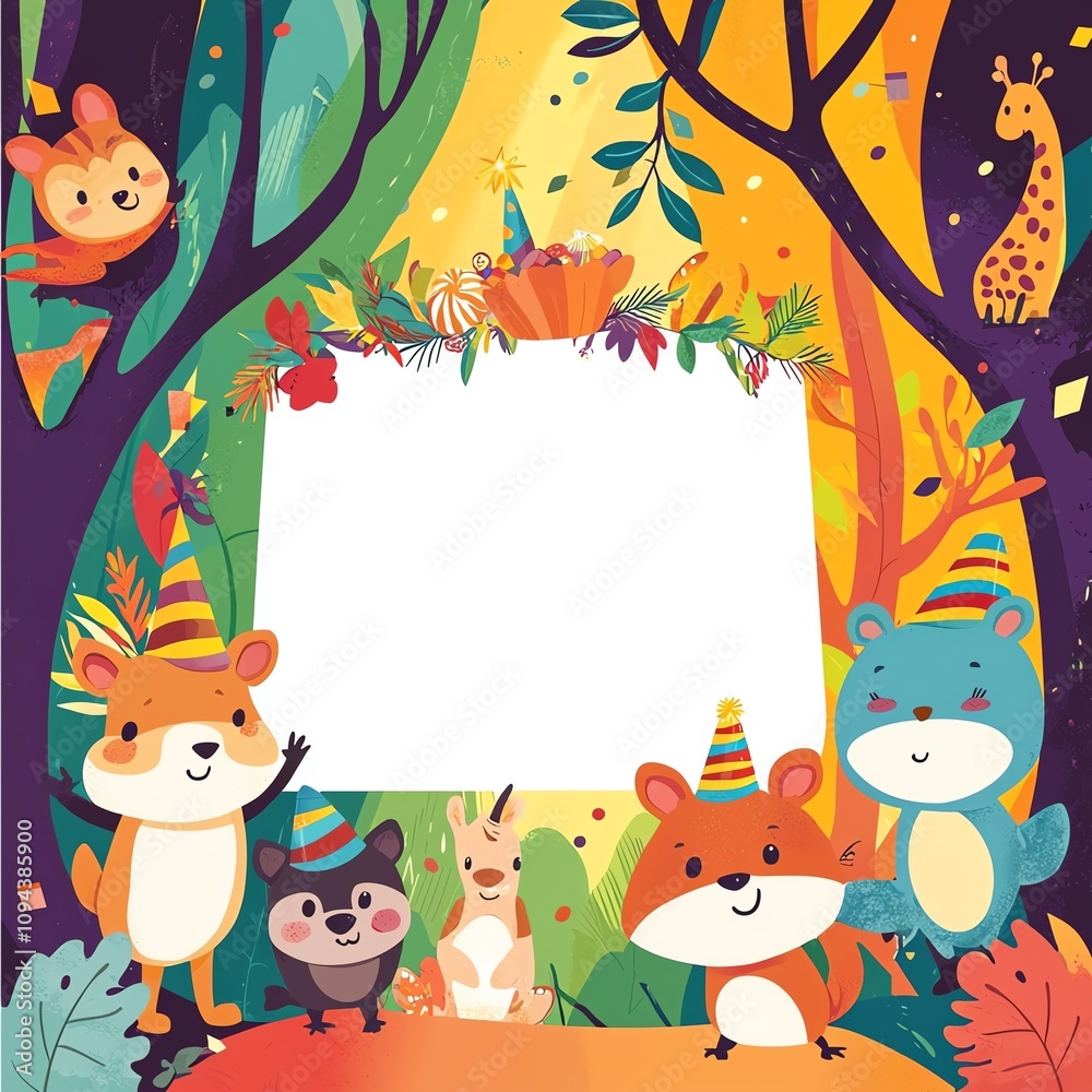 Playful cartoon animals birthday card frame with large blank center, cute forest creatures, rainbow colors, cheerful design Playful cartoon animals birthday card frame with large blank center, cute forest creatures, rainbow colors, cheerful design
