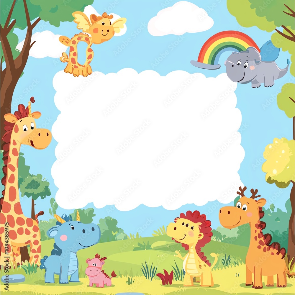 Playful cartoon animals birthday card frame with large blank center, cute forest creatures, rainbow colors, cheerful design Playful cartoon animals birthday card frame with large blank center, cute forest creatures, rainbow colors, cheerful design