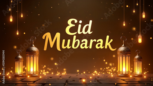 Eid Mubarak greeting card with lanterns and glowing lights