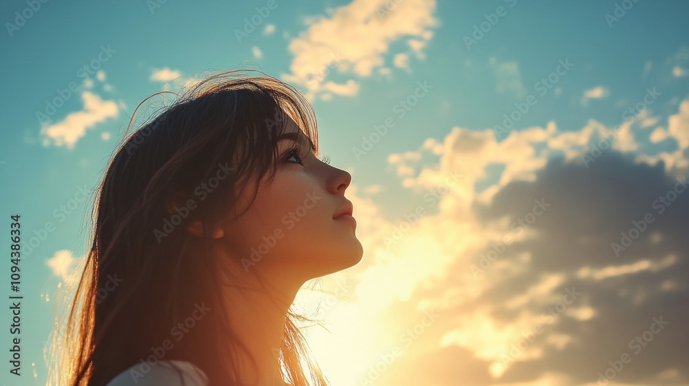 Young asian girl looking at the sky with a look of hope background wallpaper AI generated image