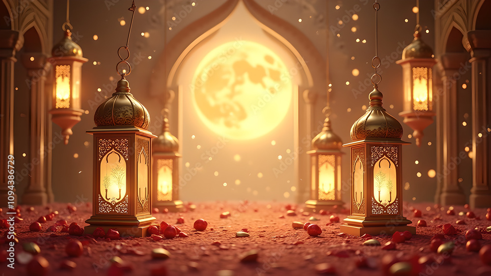 Ramadan Lantern Decor with Full Moon & Rose Petals Ramadan Lantern Decor with Full Moon & Rose Petals