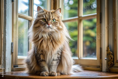 A Persian cat with long whiskers, sitting majestically in front of a grand window
