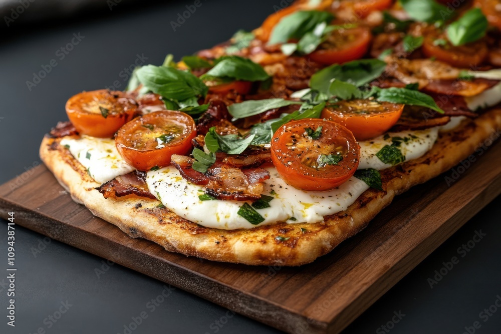Delicious homemade flatbread pizza with bacon, tomatoes and basil Delicious homemade flatbread pizza with bacon, tomatoes and basil
