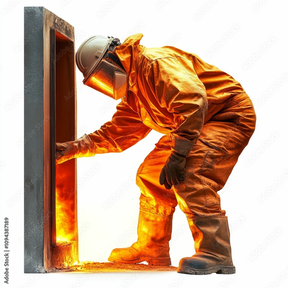 Fototapeta premium Fire-resistant worker inspecting fiery furnace opening.