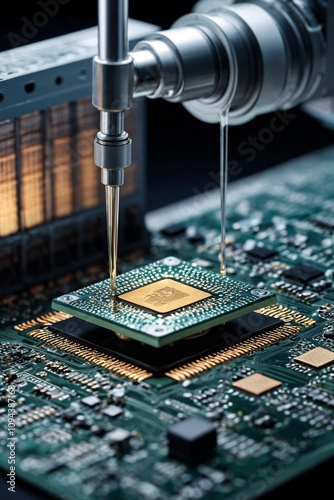 Close-up of silicon die being removed from wafer and attached to substrate using digital device. Manufacturing computer chips in semiconductor factory. Electronic industry concept. Copy ad text space photo