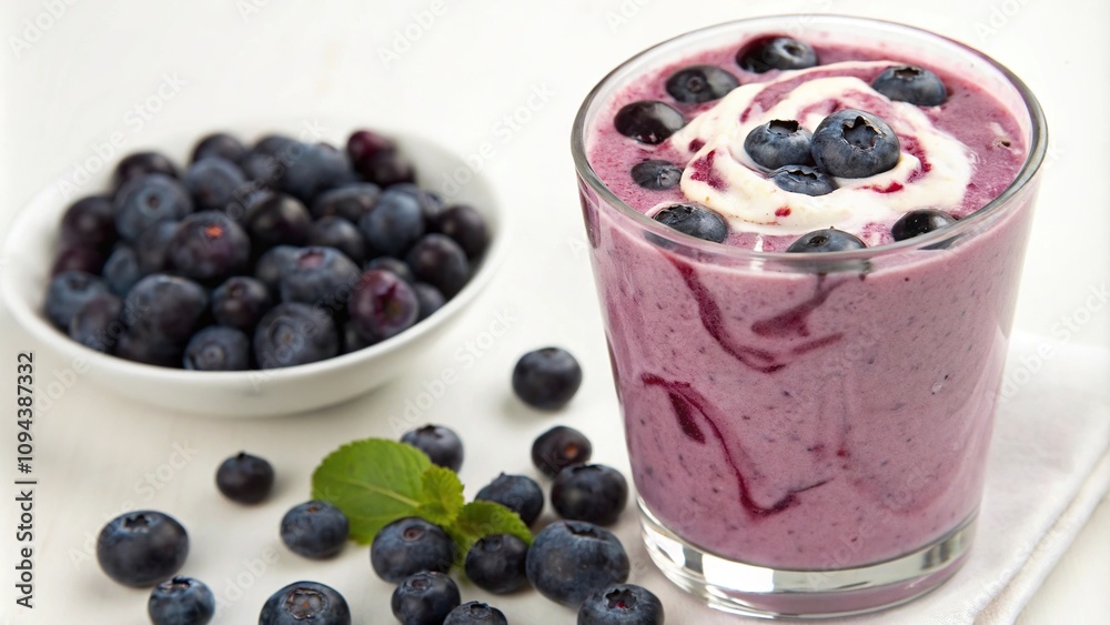Freshly blended blueberry smoothie with yogurt in a clear glass, drink, refreshment Freshly blended blueberry smoothie with yogurt in a clear glass, drink, refreshment